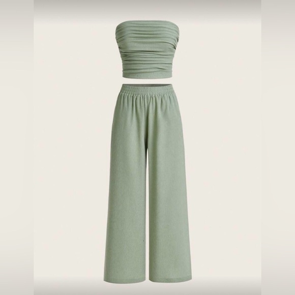 Sage Green Wide Leg Pants & Strapless Ruched Top - Picture 4 of 14
